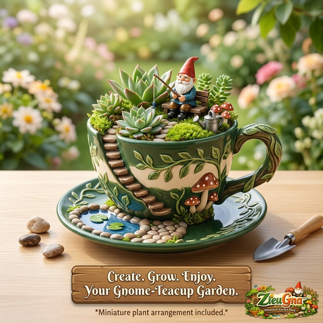 ZieuGna™ DIY Miniature Fairy Garden Kit - Whimsical Gnome Teacup Planter with Artificial Succulents, Moss & Accessories - Magical Cottagecore Indoor Garden Decor, Unique Craft Gift for Garden Lovers