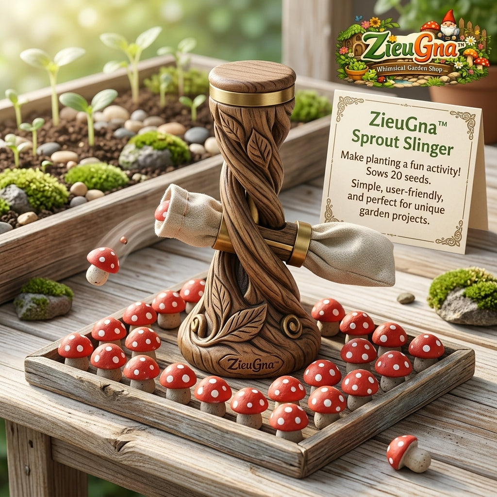 ZieuGna™ Sprout Slinger - Whimsical Wood-Carved Seed Launcher & Catapult, Creative Planting Tool with 20 Mushroom Seed Pods, Fun Outdoor Garden Activity and Unique Gift for Kids, Families & Plant Lovers