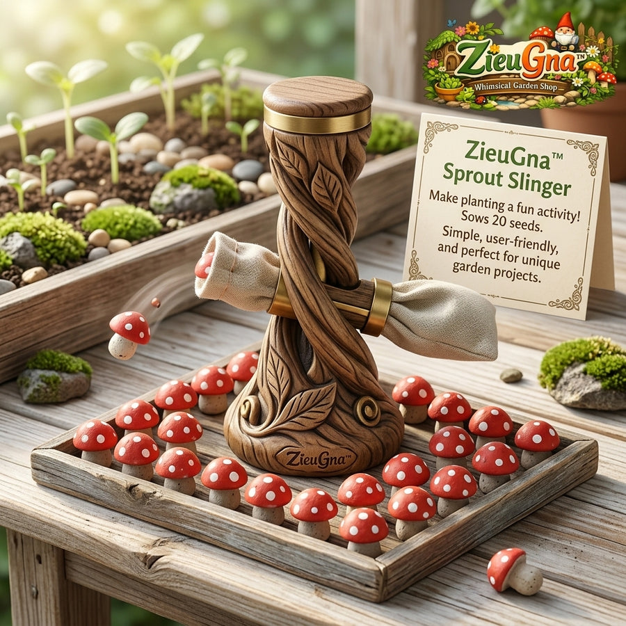 ZieuGna™ Sprout Slinger - Whimsical Wood-Carved Seed Launcher & Catapult, Creative Planting Tool with 20 Mushroom Seed Pods, Fun Outdoor Garden Activity and Unique Gift for Kids, Families & Plant Lovers