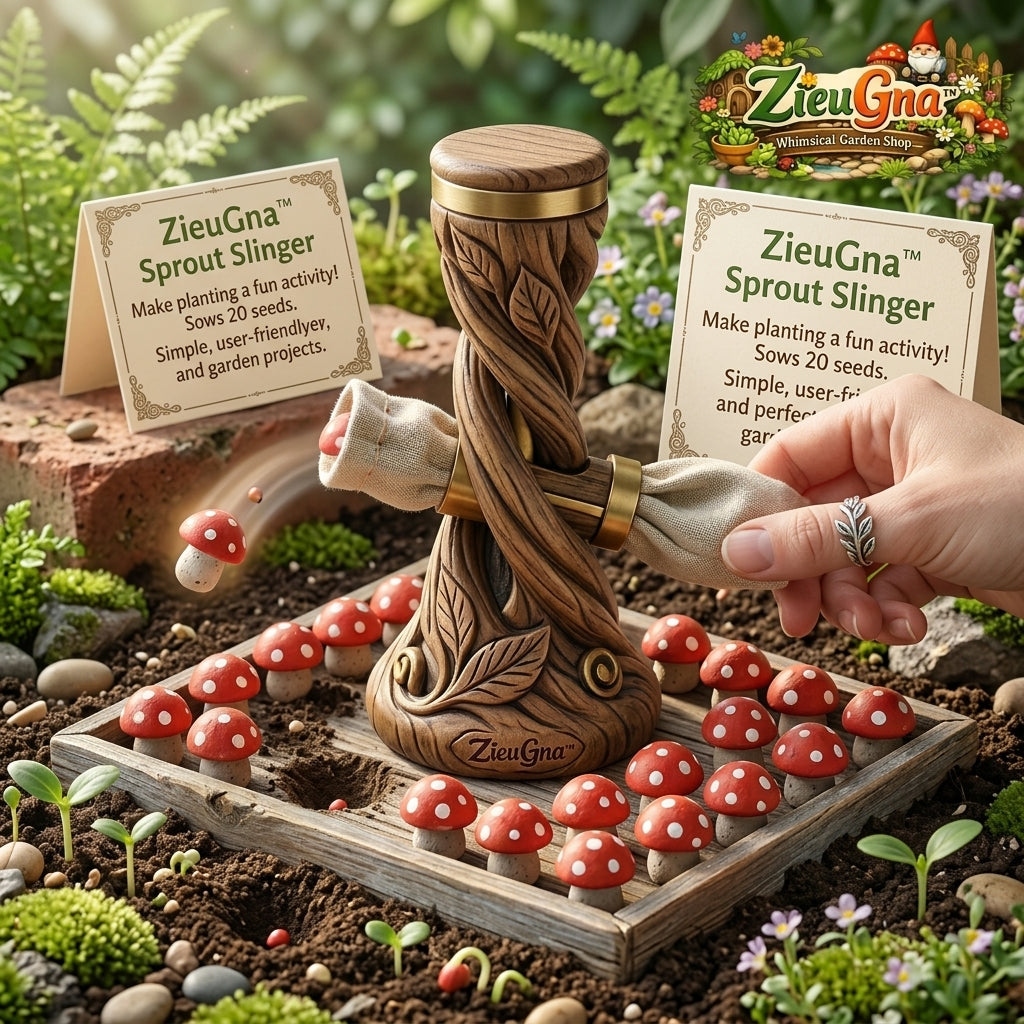 ZieuGna™ Sprout Slinger - Whimsical Wood-Carved Seed Launcher & Catapult, Creative Planting Tool with 20 Mushroom Seed Pods, Fun Outdoor Garden Activity and Unique Gift for Kids, Families & Plant Lovers
