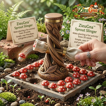 ZieuGna™ Sprout Slinger - Whimsical Wood-Carved Seed Launcher & Catapult, Creative Planting Tool with 20 Mushroom Seed Pods, Fun Outdoor Garden Activity and Unique Gift for Kids, Families & Plant Lovers