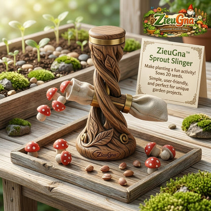 ZieuGna™ Sprout Slinger - Whimsical Wood-Carved Seed Launcher & Catapult, Creative Planting Tool with 20 Mushroom Seed Pods, Fun Outdoor Garden Activity and Unique Gift for Kids, Families & Plant Lovers