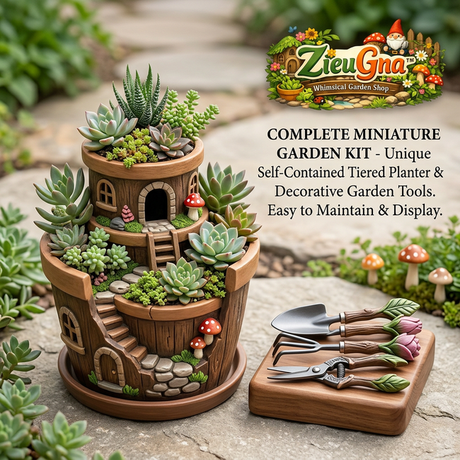 ZieuGna™ Complete Fairy Garden Kit - 3-Tiered Treehouse Succulent Planter Pot with Miniature Decorative Gardening Tools, Whimsical Resin Flower Pot with Drainage Tray for Indoor Outdoor Desk Decor, Unique Gift for Plant Lovers