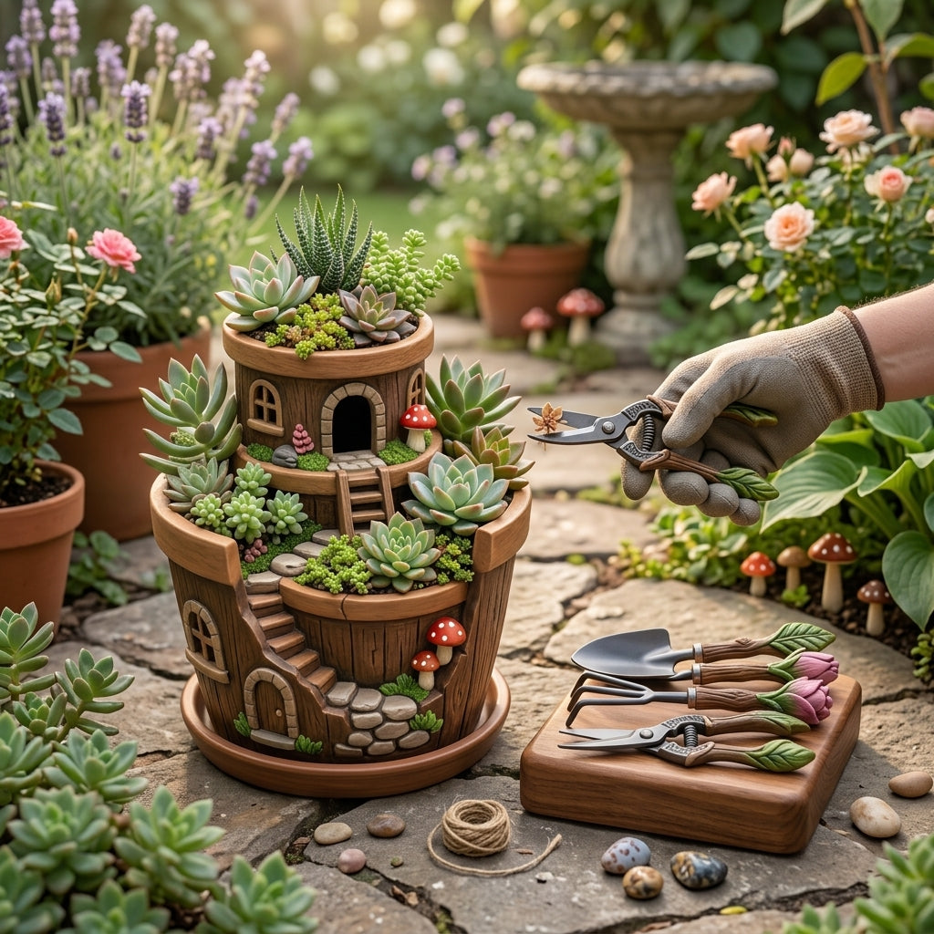 ZieuGna™ Complete Fairy Garden Kit - 3-Tiered Treehouse Succulent Planter Pot with Miniature Decorative Gardening Tools, Whimsical Resin Flower Pot with Drainage Tray for Indoor Outdoor Desk Decor, Unique Gift for Plant Lovers