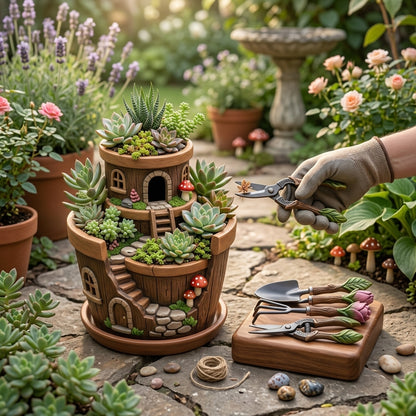 ZieuGna™ Complete Fairy Garden Kit - 3-Tiered Treehouse Succulent Planter Pot with Miniature Decorative Gardening Tools, Whimsical Resin Flower Pot with Drainage Tray for Indoor Outdoor Desk Decor, Unique Gift for Plant Lovers