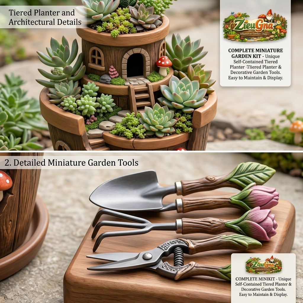 ZieuGna™ Complete Fairy Garden Kit - 3-Tiered Treehouse Succulent Planter Pot with Miniature Decorative Gardening Tools, Whimsical Resin Flower Pot with Drainage Tray for Indoor Outdoor Desk Decor, Unique Gift for Plant Lovers