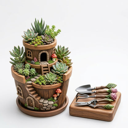 ZieuGna™ Complete Fairy Garden Kit - 3-Tiered Treehouse Succulent Planter Pot with Miniature Decorative Gardening Tools, Whimsical Resin Flower Pot with Drainage Tray for Indoor Outdoor Desk Decor, Unique Gift for Plant Lovers
