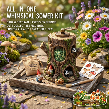 ZieuGna™ Whimsical Tree Stump Seed Sower Kit - All-in-One Wildflower Garden Seed Dispenser with Hand Crank, Miniature Gnome & Animal Figurines, Wooden Tray & Accessories - Fun DIY Gardening Gift for Kids & Adults
