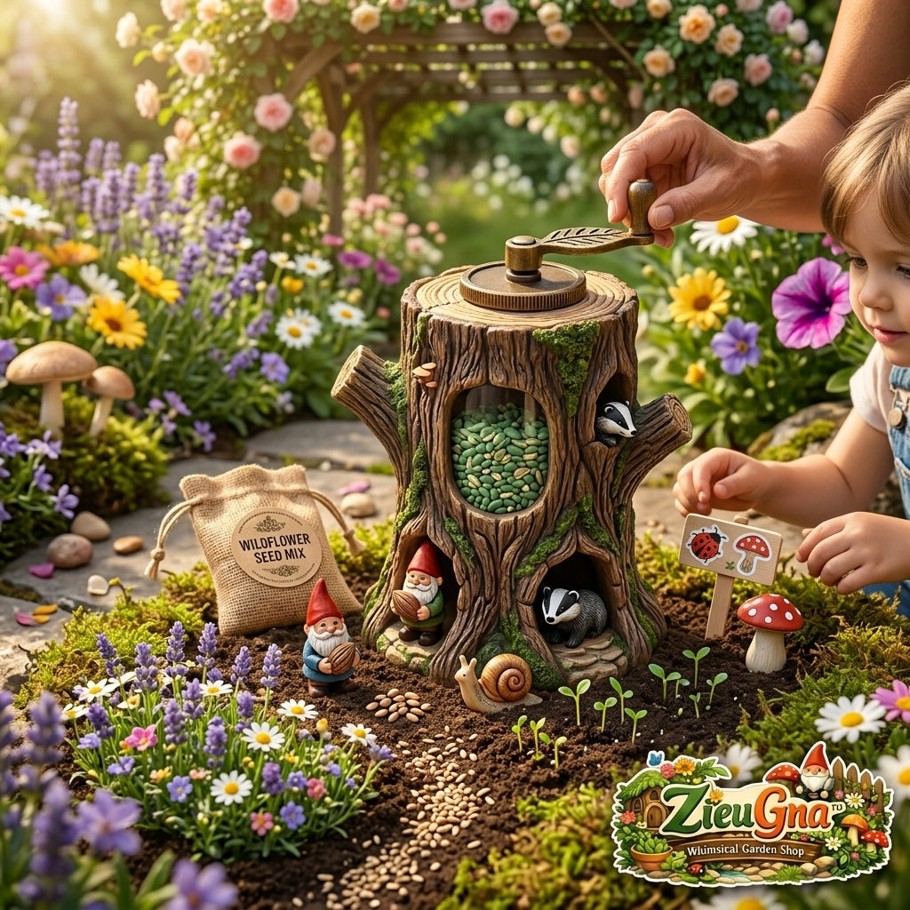 ZieuGna™ Whimsical Tree Stump Seed Sower Kit - All-in-One Wildflower Garden Seed Dispenser with Hand Crank, Miniature Gnome & Animal Figurines, Wooden Tray & Accessories - Fun DIY Gardening Gift for Kids & Adults