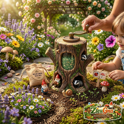 ZieuGna™ Whimsical Tree Stump Seed Sower Kit - All-in-One Wildflower Garden Seed Dispenser with Hand Crank, Miniature Gnome & Animal Figurines, Wooden Tray & Accessories - Fun DIY Gardening Gift for Kids & Adults
