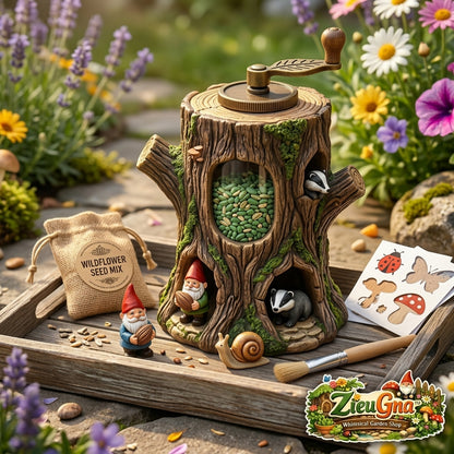ZieuGna™ Whimsical Tree Stump Seed Sower Kit - All-in-One Wildflower Garden Seed Dispenser with Hand Crank, Miniature Gnome & Animal Figurines, Wooden Tray & Accessories - Fun DIY Gardening Gift for Kids & Adults