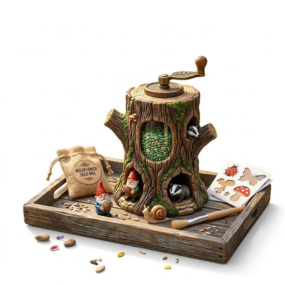 ZieuGna™ Whimsical Tree Stump Seed Sower Kit - All-in-One Wildflower Garden Seed Dispenser with Hand Crank, Miniature Gnome & Animal Figurines, Wooden Tray & Accessories - Fun DIY Gardening Gift for Kids & Adults