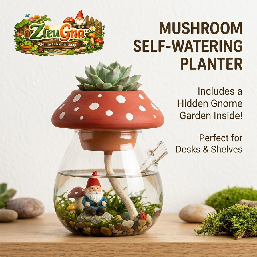 ZieuGna™ Whimsical Mushroom Self-Watering Planter - Glass Terrarium Pot with Hidden Gnome Fairy Garden, Cute Self-Watering Succulent Planter for Office Desk & Home Decor, Perfect Gift for Plant Lovers