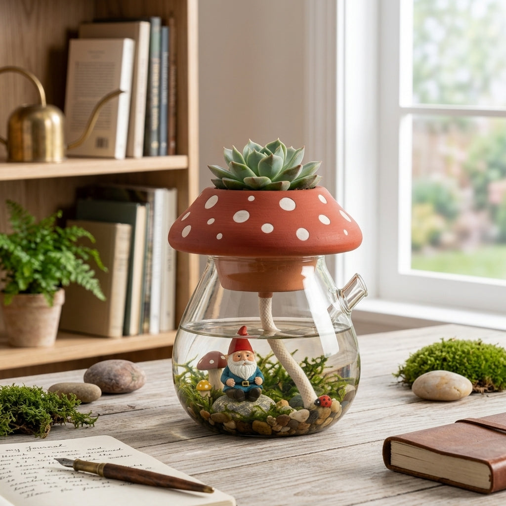 ZieuGna™ Whimsical Mushroom Self-Watering Planter - Glass Terrarium Pot with Hidden Gnome Fairy Garden, Cute Self-Watering Succulent Planter for Office Desk & Home Decor, Perfect Gift for Plant Lovers