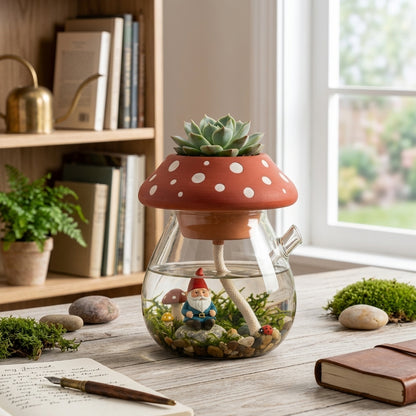 ZieuGna™ Whimsical Mushroom Self-Watering Planter - Glass Terrarium Pot with Hidden Gnome Fairy Garden, Cute Self-Watering Succulent Planter for Office Desk & Home Decor, Perfect Gift for Plant Lovers