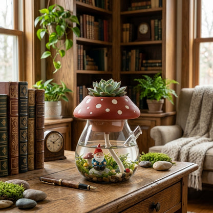 ZieuGna™ Whimsical Mushroom Self-Watering Planter - Glass Terrarium Pot with Hidden Gnome Fairy Garden, Cute Self-Watering Succulent Planter for Office Desk & Home Decor, Perfect Gift for Plant Lovers