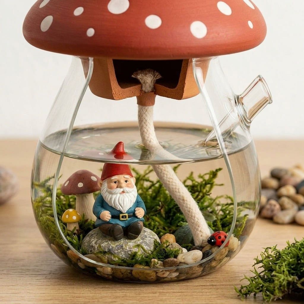 ZieuGna™ Whimsical Mushroom Self-Watering Planter - Glass Terrarium Pot with Hidden Gnome Fairy Garden, Cute Self-Watering Succulent Planter for Office Desk & Home Decor, Perfect Gift for Plant Lovers