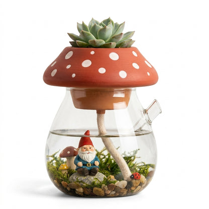 ZieuGna™ Whimsical Mushroom Self-Watering Planter - Glass Terrarium Pot with Hidden Gnome Fairy Garden, Cute Self-Watering Succulent Planter for Office Desk & Home Decor, Perfect Gift for Plant Lovers