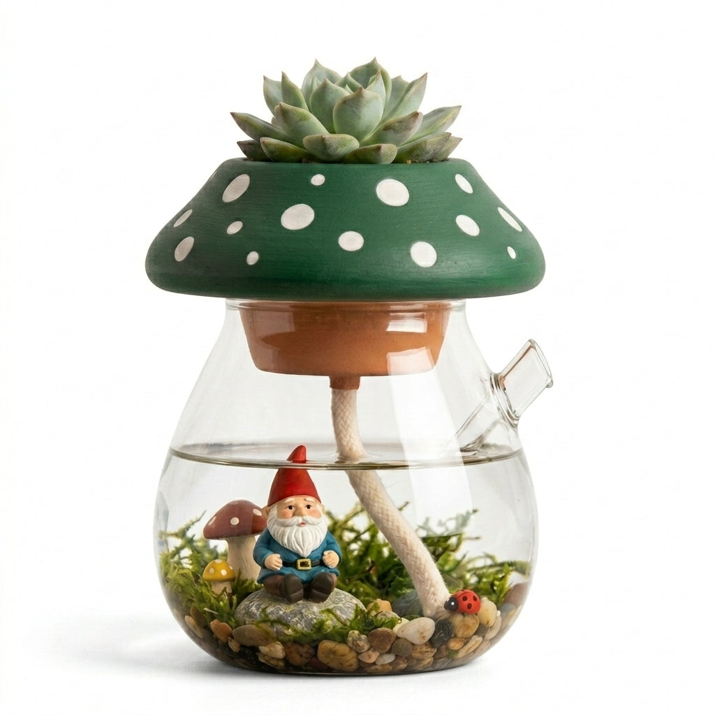 ZieuGna™ Whimsical Mushroom Self-Watering Planter - Glass Terrarium Pot with Hidden Gnome Fairy Garden, Cute Self-Watering Succulent Planter for Office Desk & Home Decor, Perfect Gift for Plant Lovers