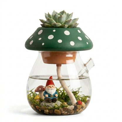 ZieuGna™ Whimsical Mushroom Self-Watering Planter - Glass Terrarium Pot with Hidden Gnome Fairy Garden, Cute Self-Watering Succulent Planter for Office Desk & Home Decor, Perfect Gift for Plant Lovers