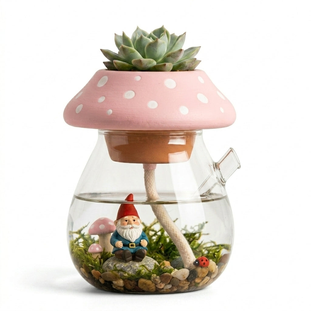 ZieuGna™ Whimsical Mushroom Self-Watering Planter - Glass Terrarium Pot with Hidden Gnome Fairy Garden, Cute Self-Watering Succulent Planter for Office Desk & Home Decor, Perfect Gift for Plant Lovers