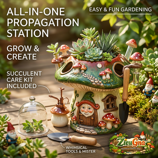 ZieuGna™ Mushroom Propagation Station & Succulent Planter Kit - Whimsical Gnome House Plant Pot with Glass Tubes, Mini Mister, Soil Cloche Dome & Gardening Tools - Cottagecore Fairy Garden Gift for Plant Lovers