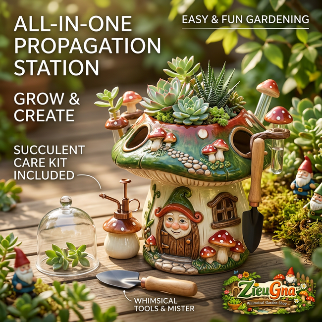 ZieuGna™ Mushroom Propagation Station & Succulent Planter Kit - Whimsical Gnome House Plant Pot with Glass Tubes, Mini Mister, Soil Cloche Dome & Gardening Tools - Cottagecore Fairy Garden Gift for Plant Lovers