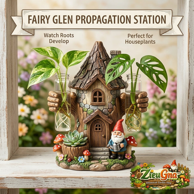 ZieuGna™ Fairy Glen Propagation Station - Whimsical Gnome Treehouse Plant Starter with 2 Glass Test Tube Vases and Succulent Planter, Cute Water Propagation Stand for Indoor Houseplants, Fairy Garden Decor Gift