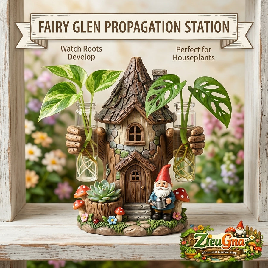 ZieuGna™ Fairy Glen Propagation Station - Whimsical Gnome Treehouse Plant Starter with 2 Glass Test Tube Vases and Succulent Planter, Cute Water Propagation Stand for Indoor Houseplants, Fairy Garden Decor Gift