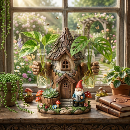 ZieuGna™ Fairy Glen Propagation Station - Whimsical Gnome Treehouse Plant Starter with 2 Glass Test Tube Vases and Succulent Planter, Cute Water Propagation Stand for Indoor Houseplants, Fairy Garden Decor Gift