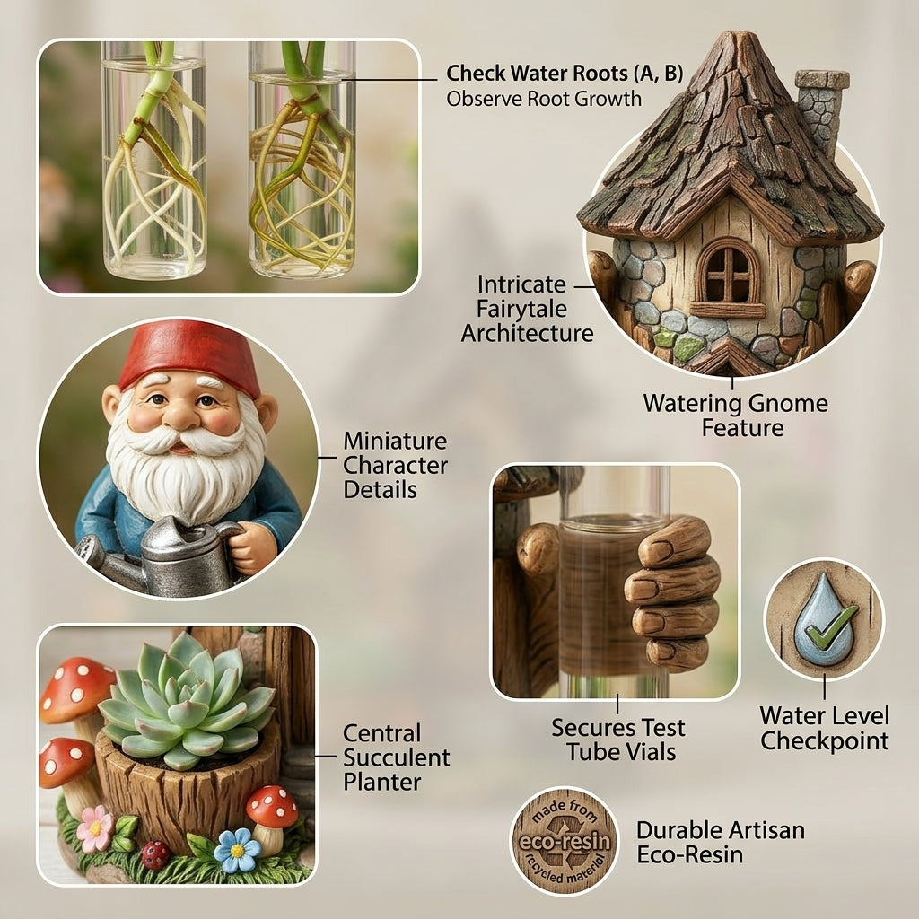ZieuGna™ Fairy Glen Propagation Station - Whimsical Gnome Treehouse Plant Starter with 2 Glass Test Tube Vases and Succulent Planter, Cute Water Propagation Stand for Indoor Houseplants, Fairy Garden Decor Gift