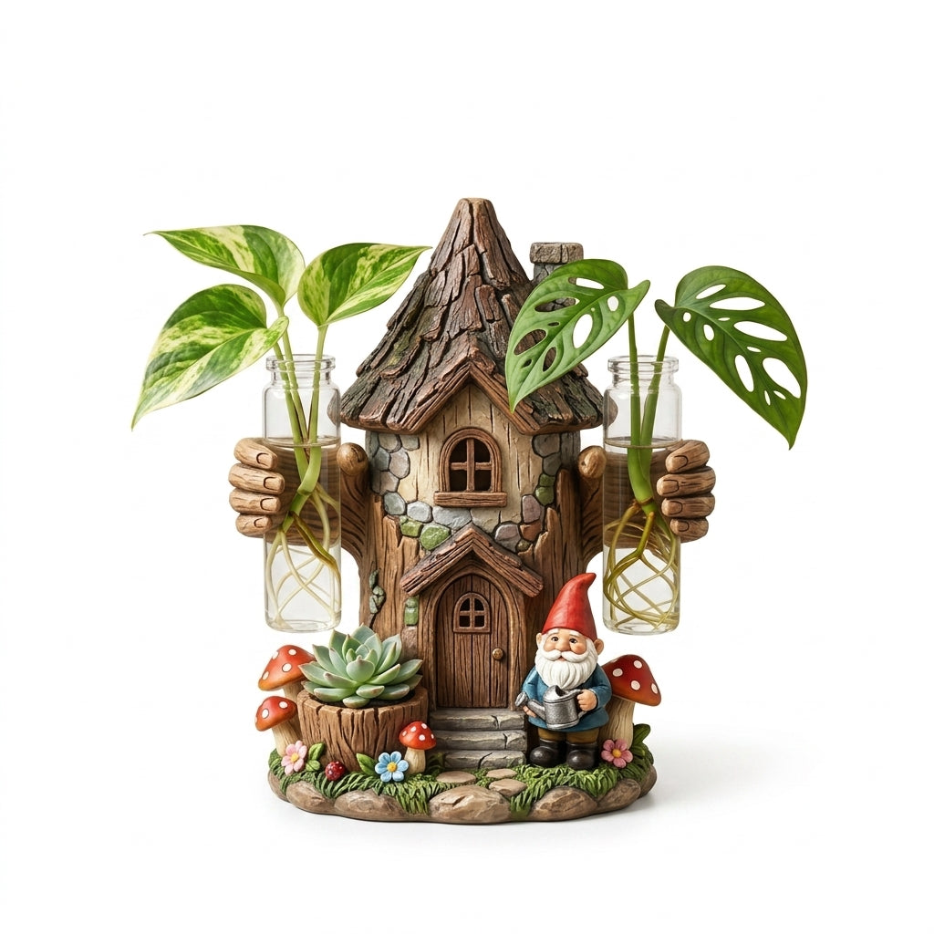 ZieuGna™ Fairy Glen Propagation Station - Whimsical Gnome Treehouse Plant Starter with 2 Glass Test Tube Vases and Succulent Planter, Cute Water Propagation Stand for Indoor Houseplants, Fairy Garden Decor Gift